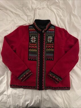 Vintage Icelandic Design Red 100% Wool Embroidered Zip Jacket Folk Art L